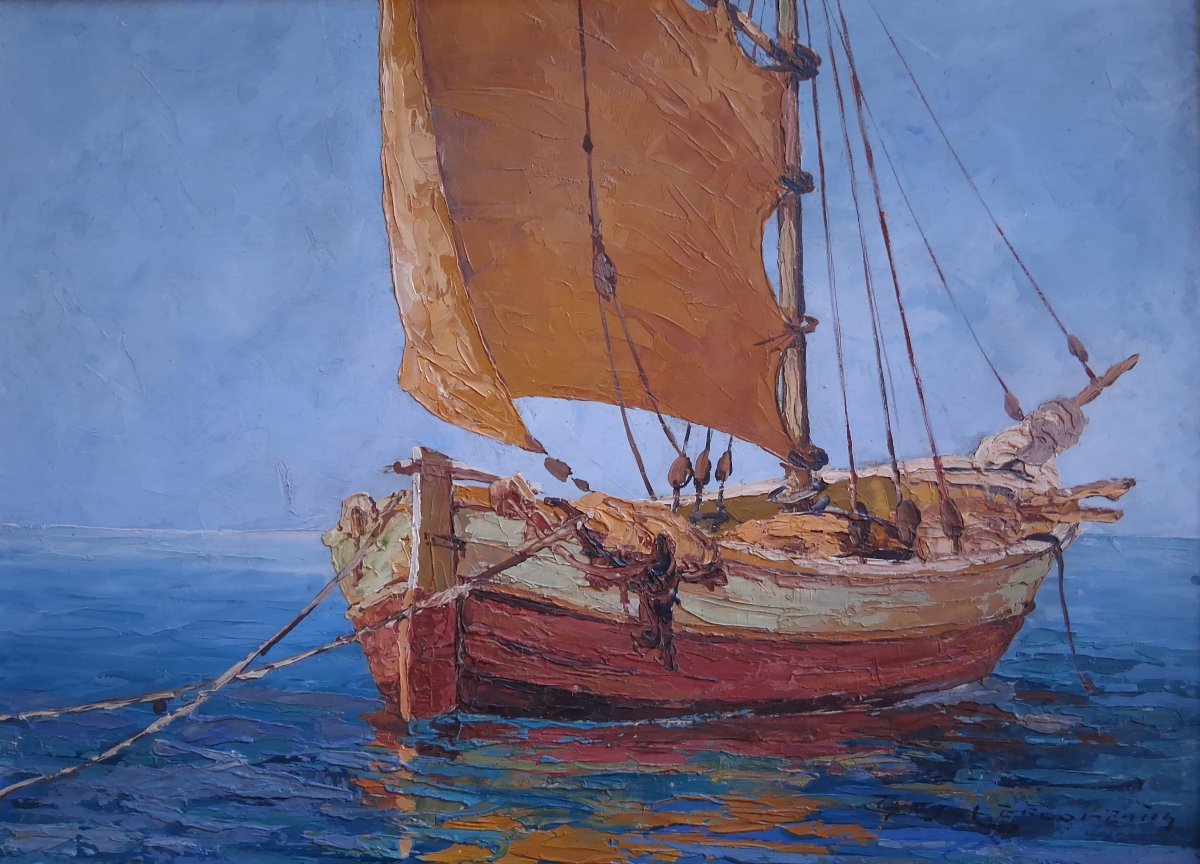 Guy LE FLORENTIN (1907-1978) huile sur panneau marine bateau de pêche voilier