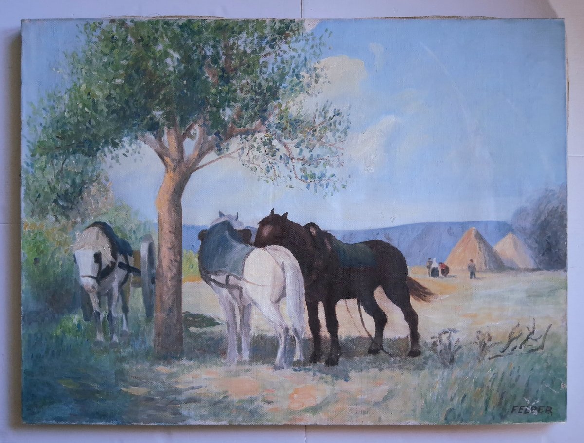 Huile sur toile scène champêtre chevaux fenaison Felber-photo-2