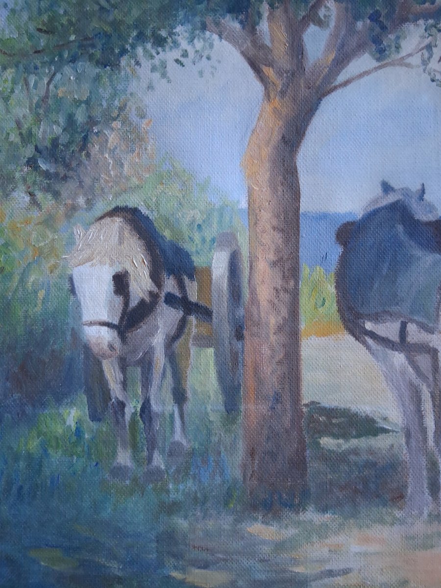 Huile sur toile scène champêtre chevaux fenaison Felber-photo-3