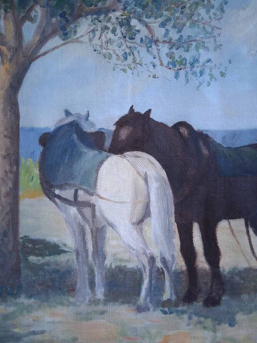 Huile sur toile scène champêtre chevaux fenaison Felber-photo-4
