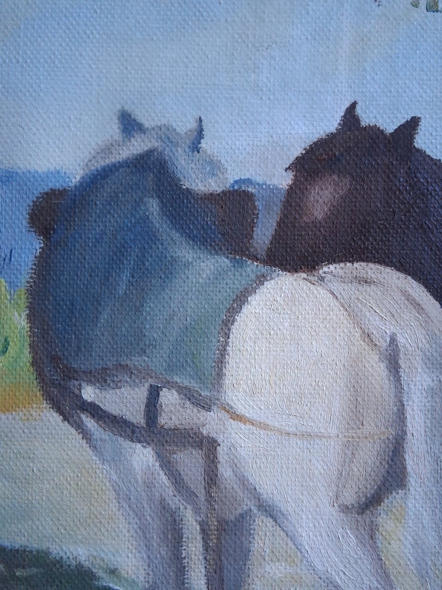 Huile sur toile scène champêtre chevaux fenaison Felber-photo-3