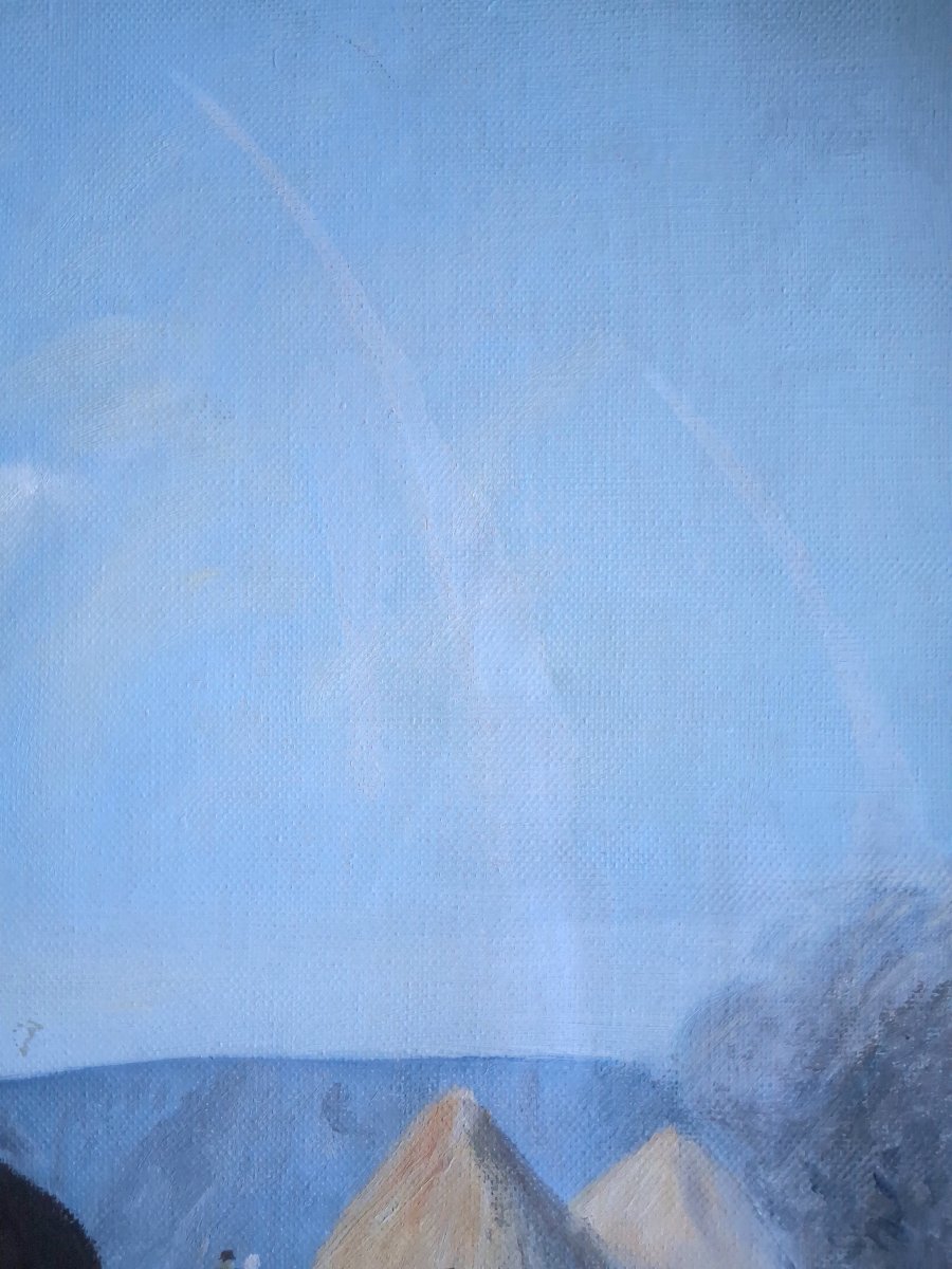 Huile sur toile scène champêtre chevaux fenaison Felber-photo-5