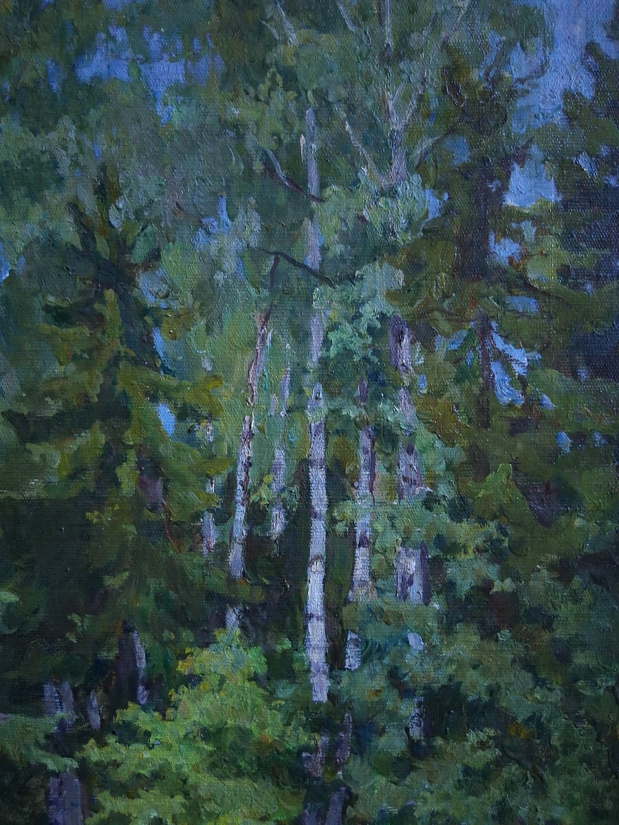 Huile sur toile paysage forestier animé promenade en forêt post-impressionisme (signé)-photo-2