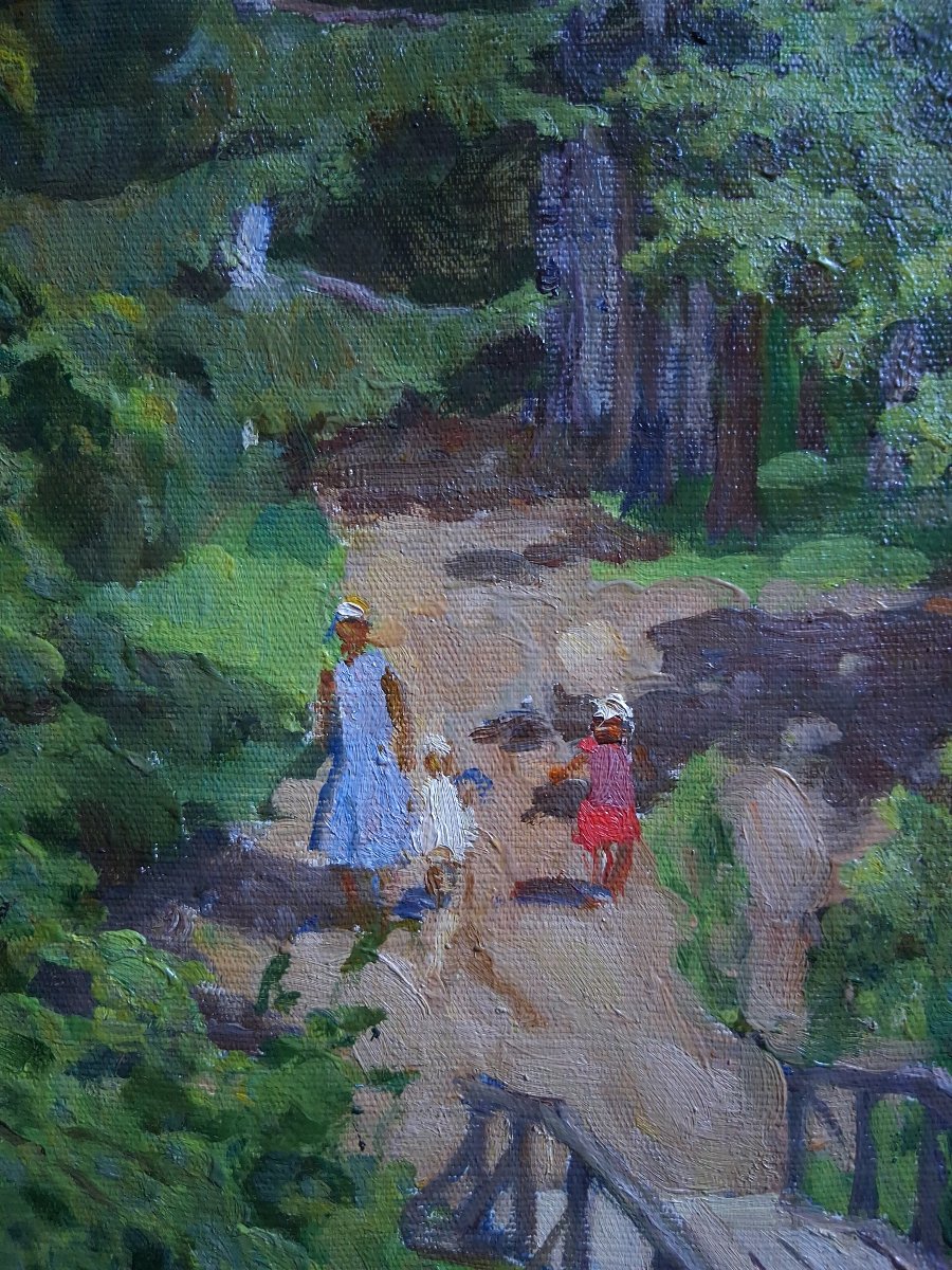 Huile sur toile paysage forestier animé promenade en forêt post-impressionisme (signé)-photo-3