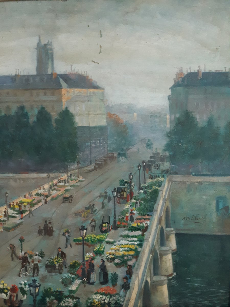 Alfred Le Petit (1841-1909) Paris Le Pont Au Change  Flower Market Oil Painting On Panel 1904-photo-2