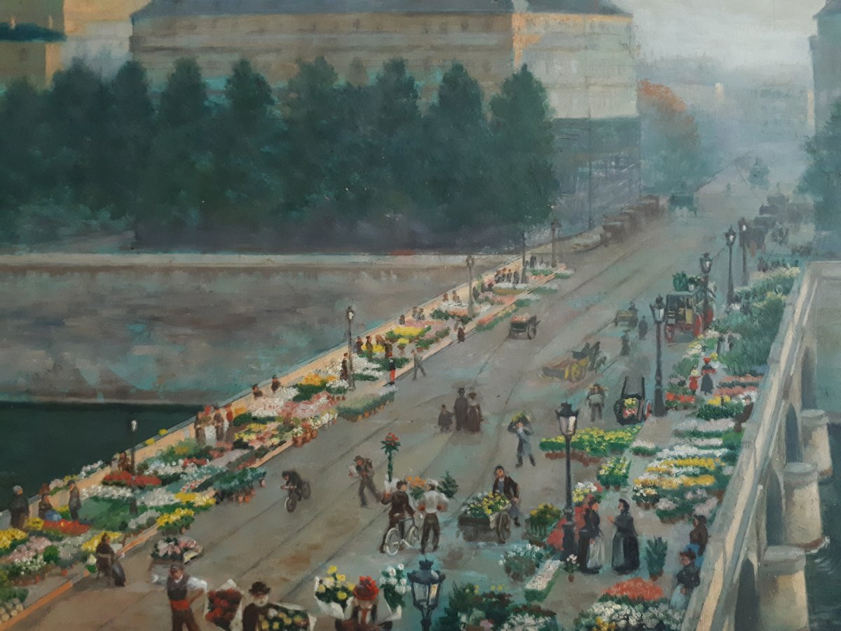 Alfred Le Petit (1841-1909) Paris Le Pont Au Change  Flower Market Oil Painting On Panel 1904-photo-3