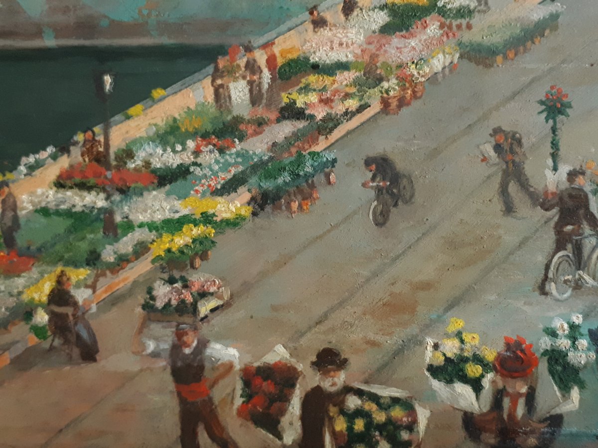 Alfred Le Petit (1841-1909) Paris Le Pont Au Change  Flower Market Oil Painting On Panel 1904-photo-2