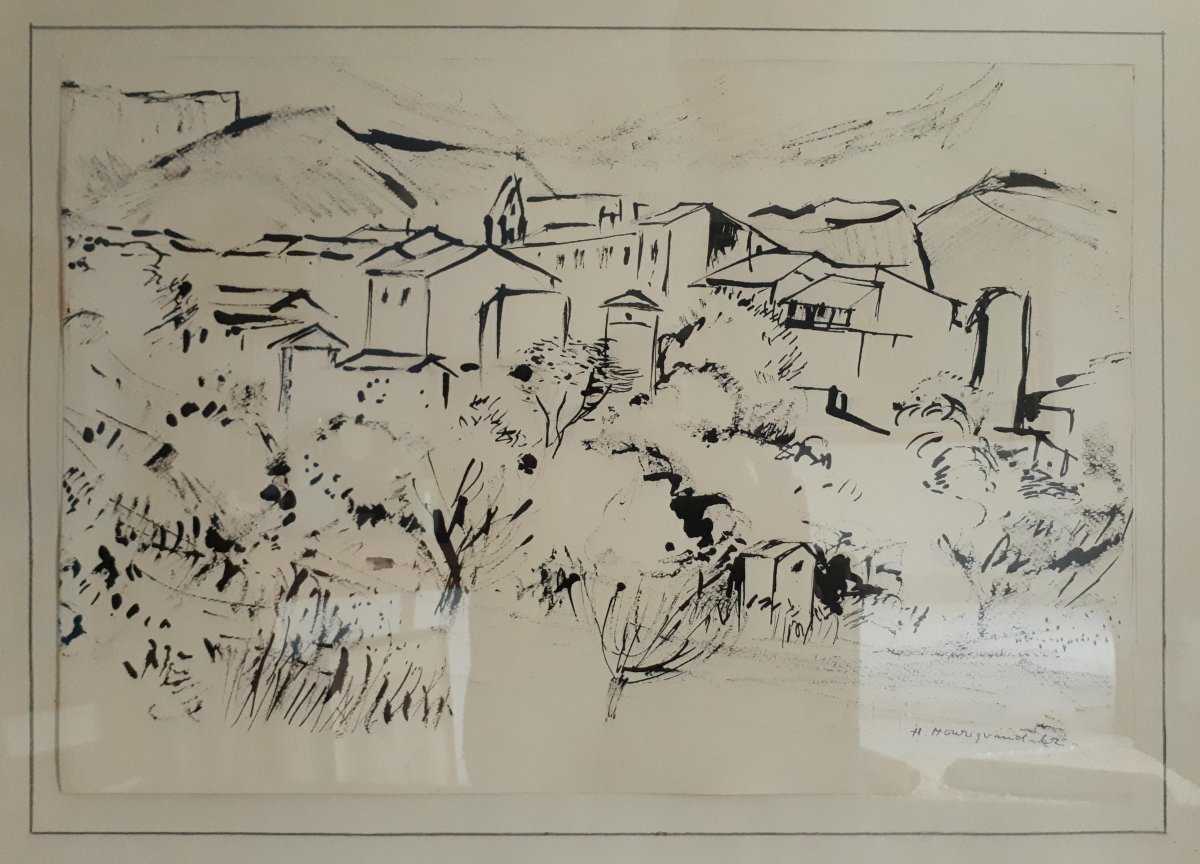 Hélène MOURIQUAND (1918-2018) Ecole lyonnaise paysage vallonné village dessin encre de Chine 1962 -photo-2