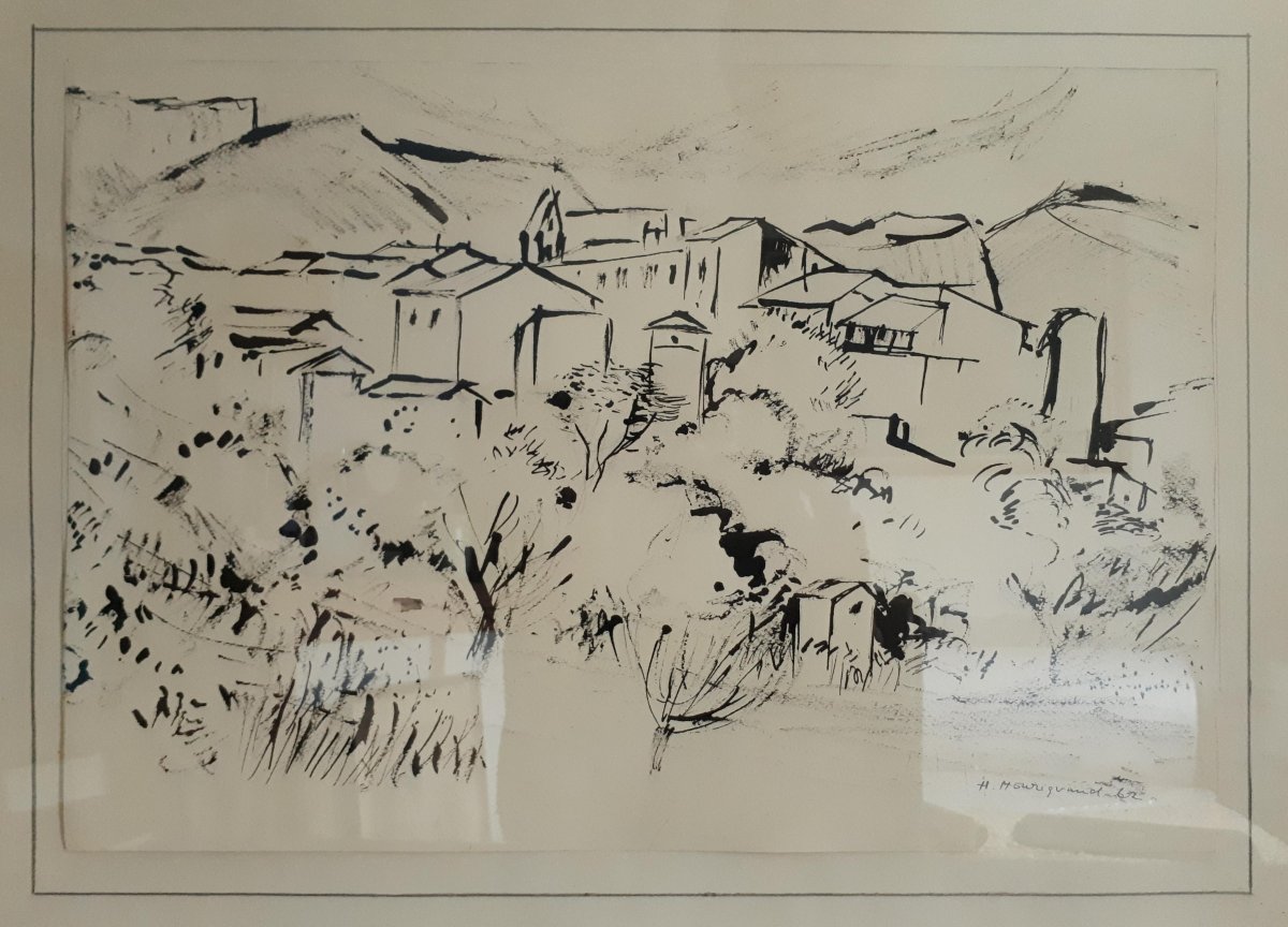 Hélène Mouriquand (1918-2018) Lyonnaise School Hilly Landscape Village Chinese Ink Drawing 1962-photo-2