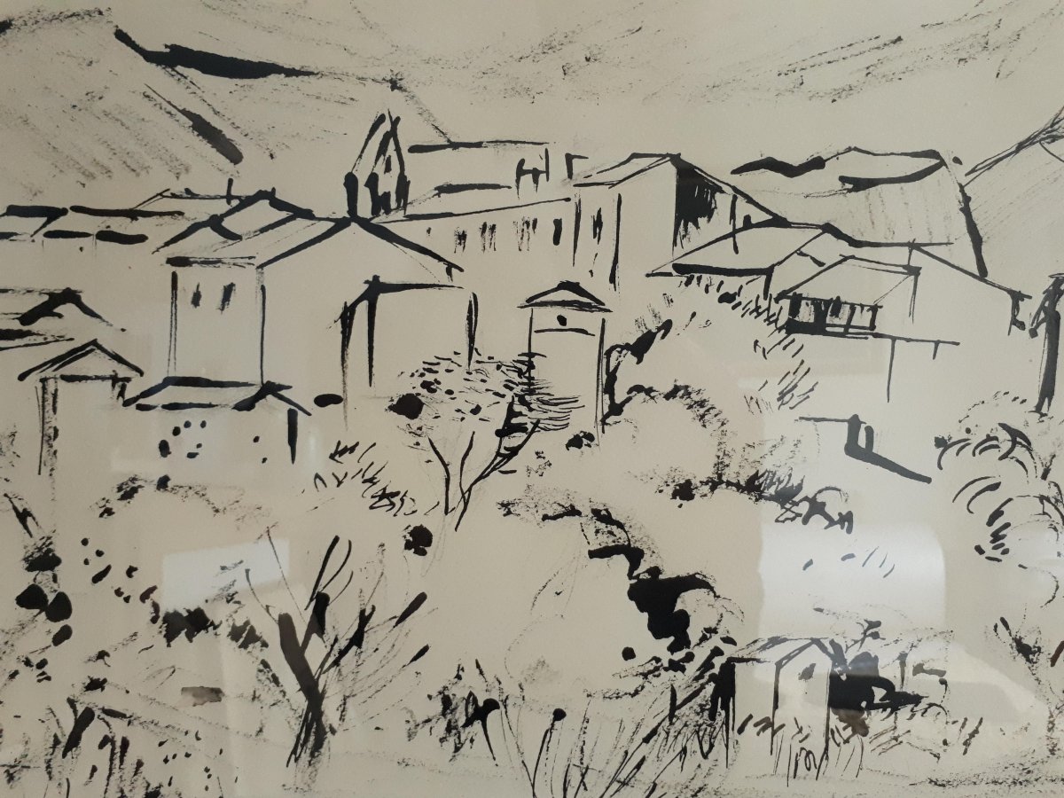 Hélène MOURIQUAND (1918-2018) Ecole lyonnaise paysage vallonné village dessin encre de Chine 1962 -photo-3