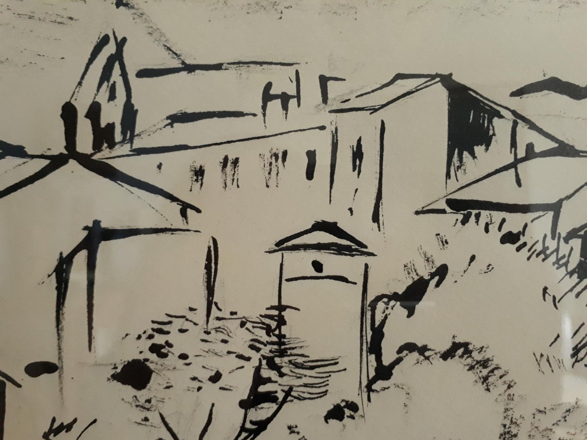 Hélène Mouriquand (1918-2018) Lyonnaise School Hilly Landscape Village Chinese Ink Drawing 1962-photo-4
