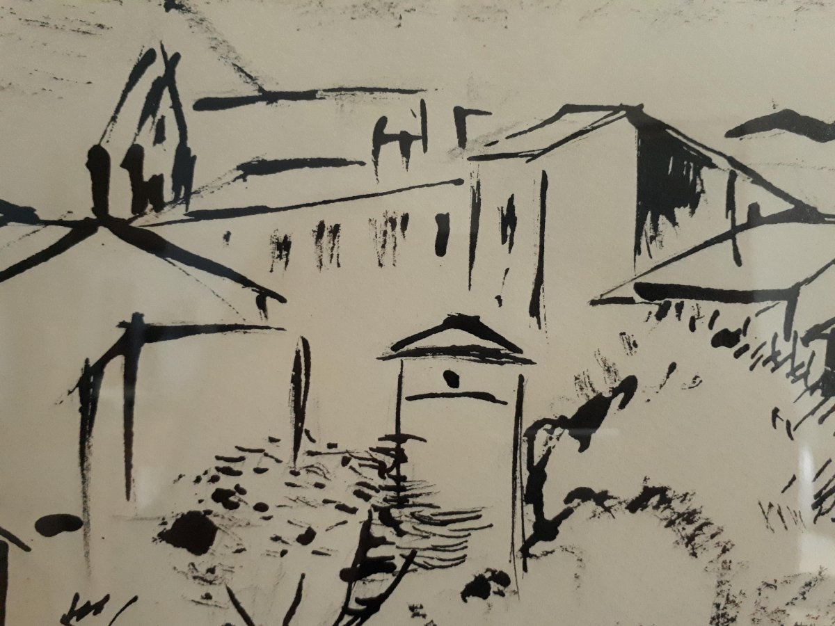 Hélène MOURIQUAND (1918-2018) Ecole lyonnaise paysage vallonné village dessin encre de Chine 1962 -photo-4