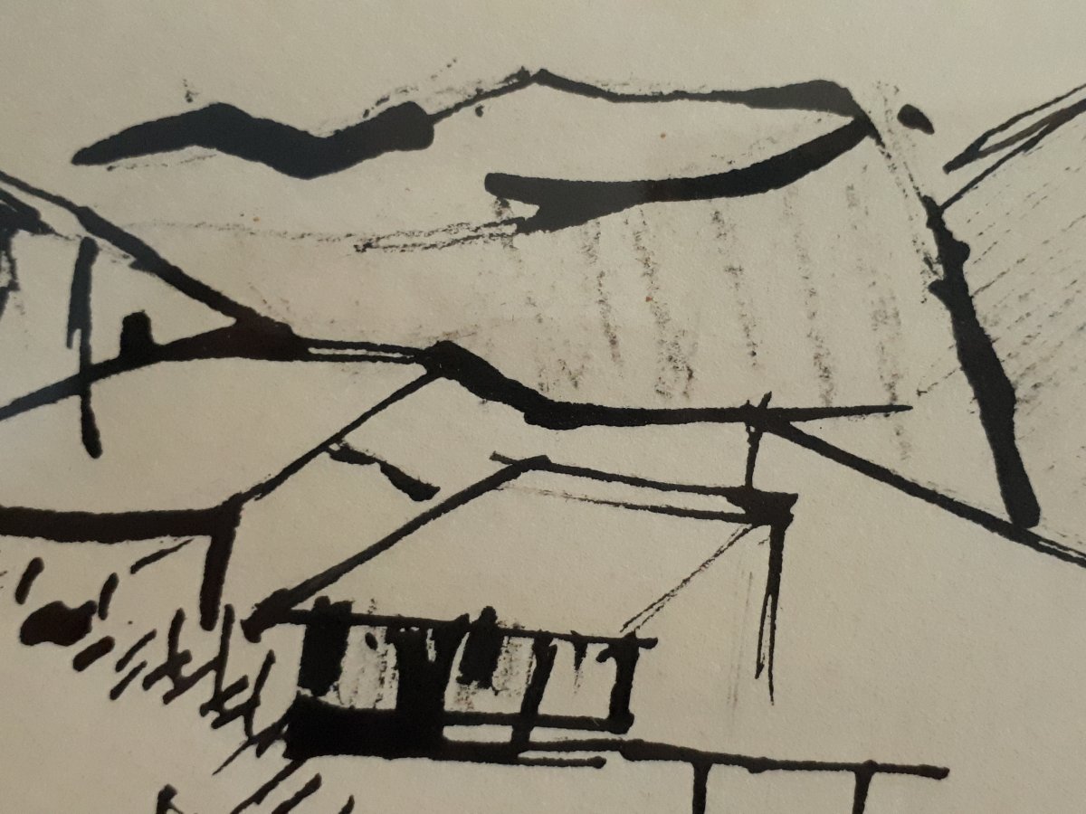Hélène MOURIQUAND (1918-2018) Ecole lyonnaise paysage vallonné village dessin encre de Chine 1962 -photo-2