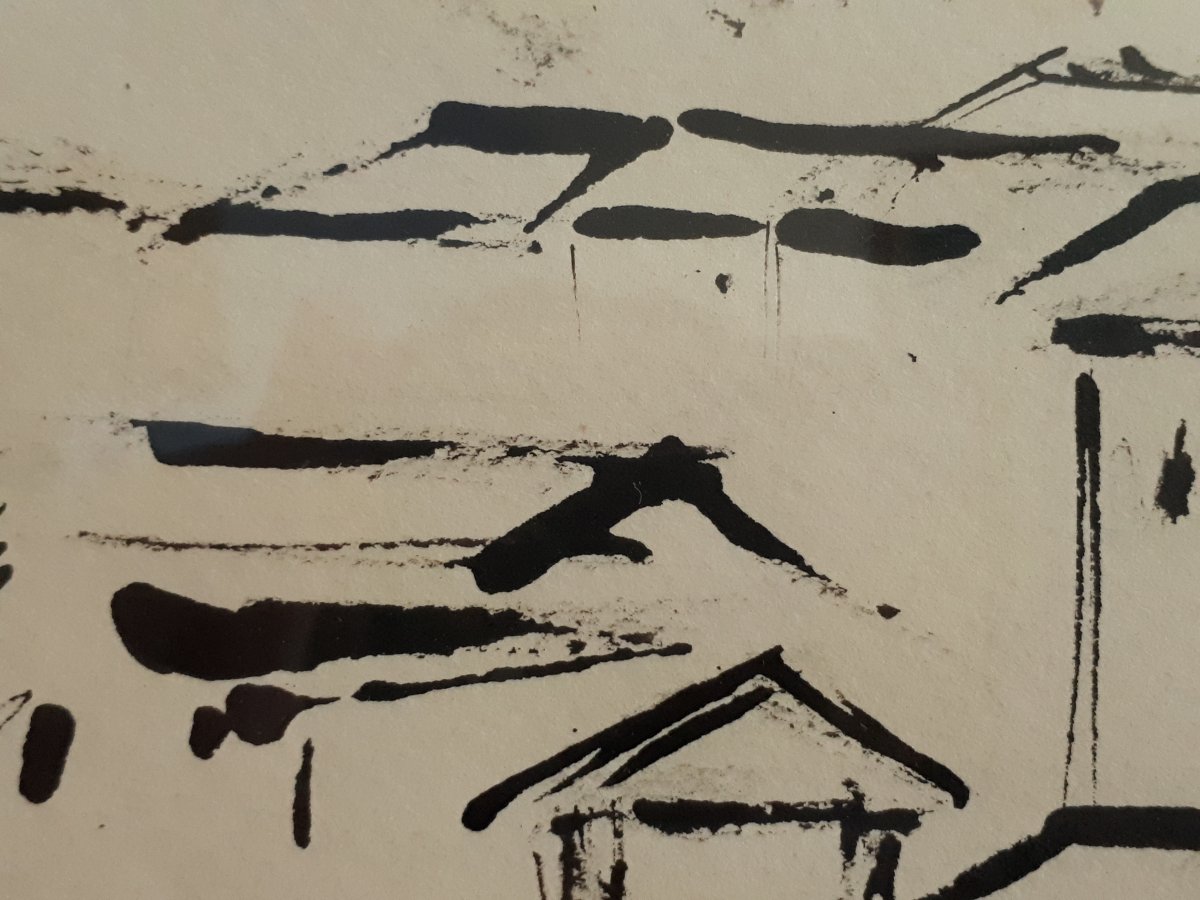 Hélène MOURIQUAND (1918-2018) Ecole lyonnaise paysage vallonné village dessin encre de Chine 1962 -photo-3