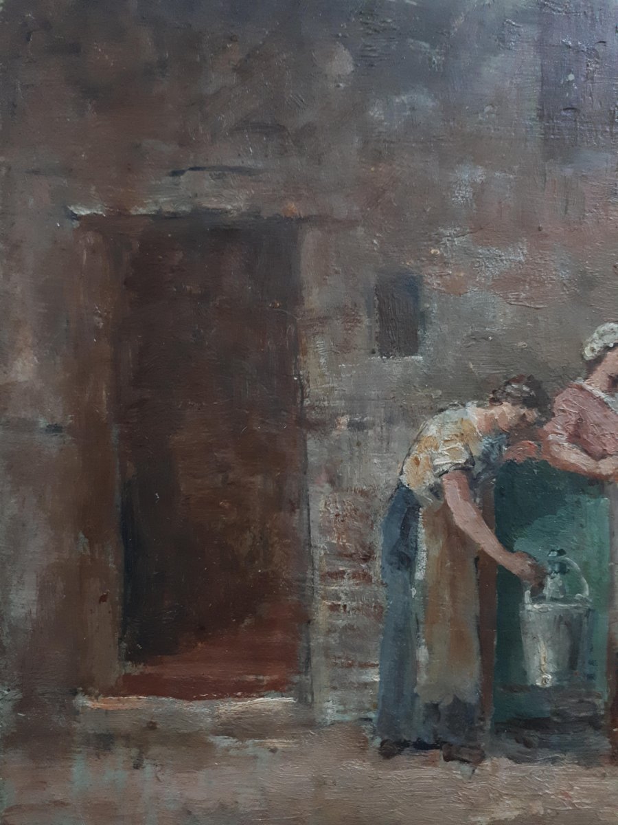 Tableau huile sur bois scène de rue femmes à la fontaine impressionnisme fin XIXème-photo-2
