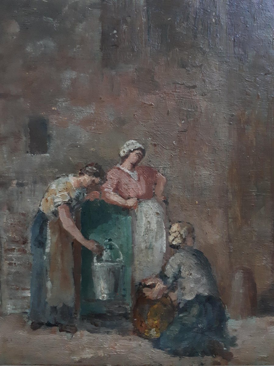 Oil On Wood Painting Street Scene Women At The Fountain Impressionism Late 19th-photo-3