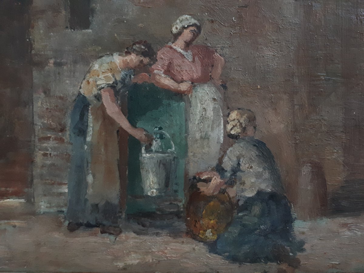 Oil On Wood Painting Street Scene Women At The Fountain Impressionism Late 19th-photo-1