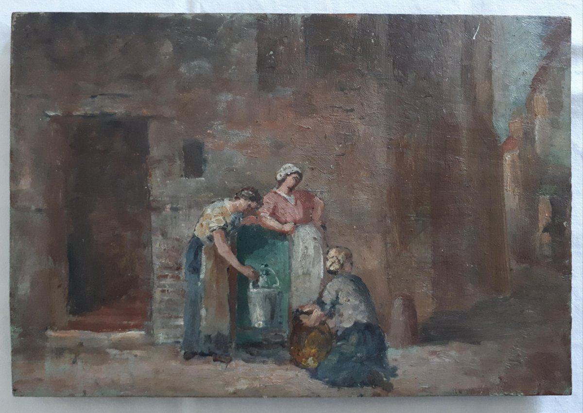 Tableau huile sur bois scène de rue femmes à la fontaine impressionnisme fin XIXème