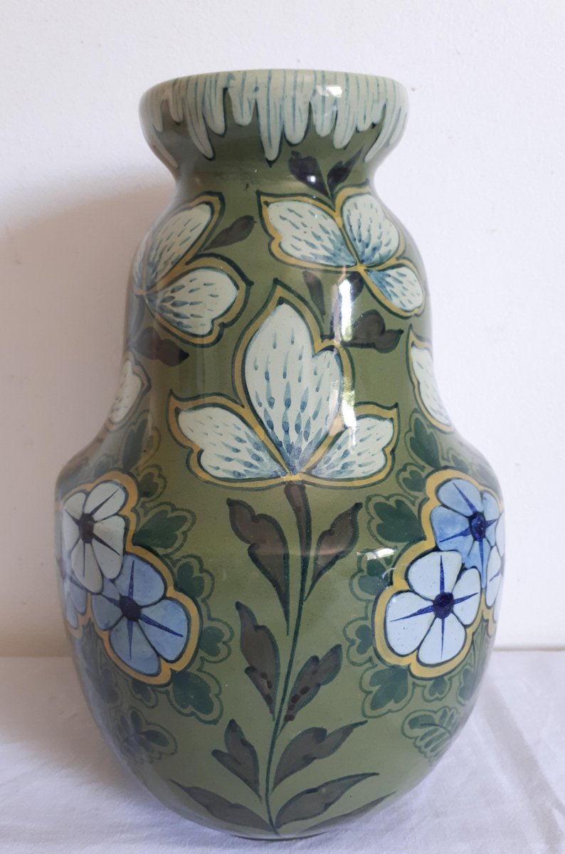Vase céramique décor floral 1900 Art Nouveau Gouda Purmerend Hollande-photo-3