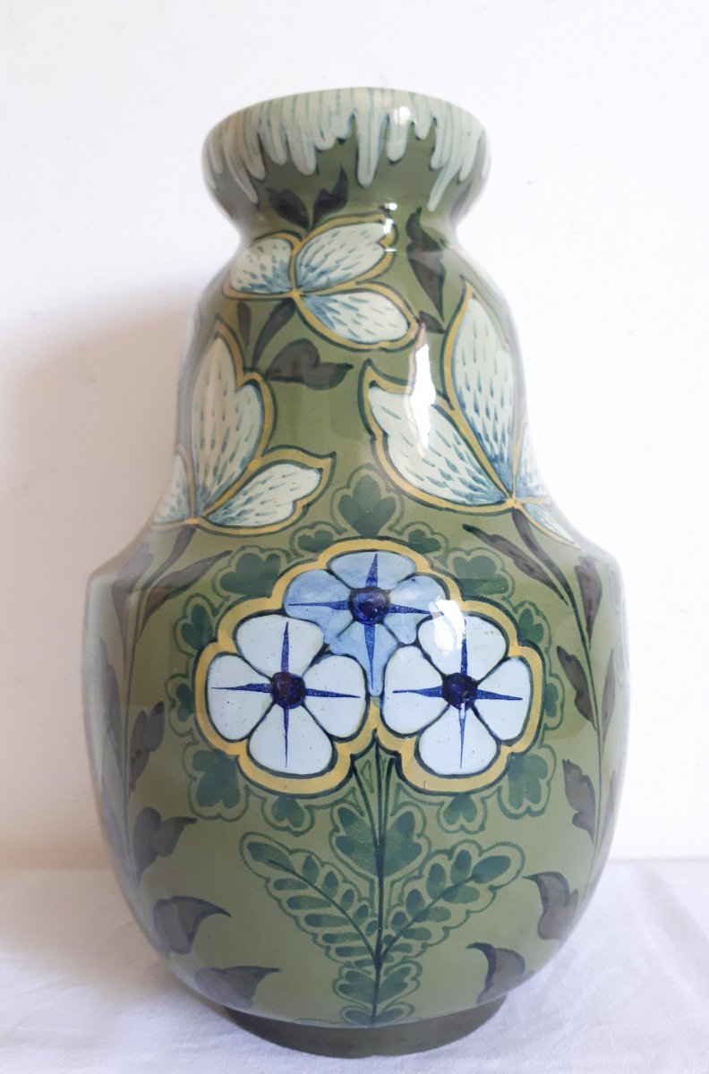 Ceramic Vase Floral Decor 1900 Art Nouveau Gouda Purmerend Holland-photo-2
