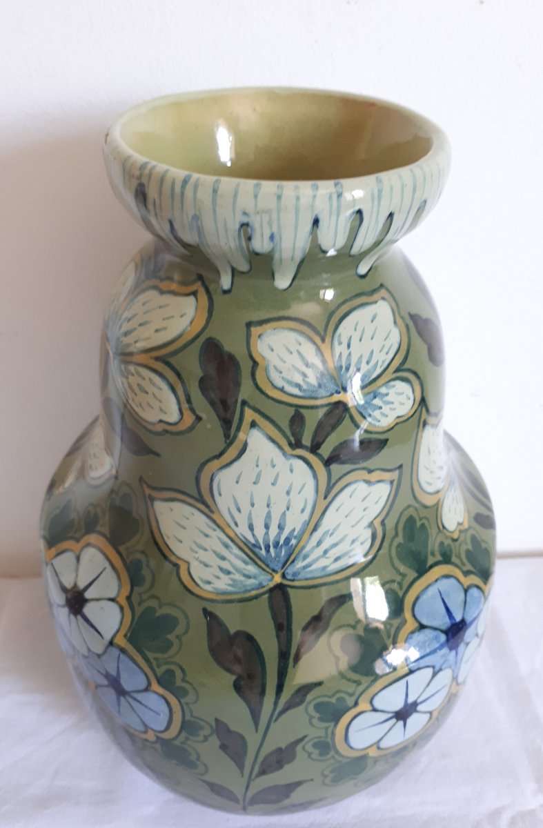 Vase céramique décor floral 1900 Art Nouveau Gouda Purmerend Hollande-photo-3
