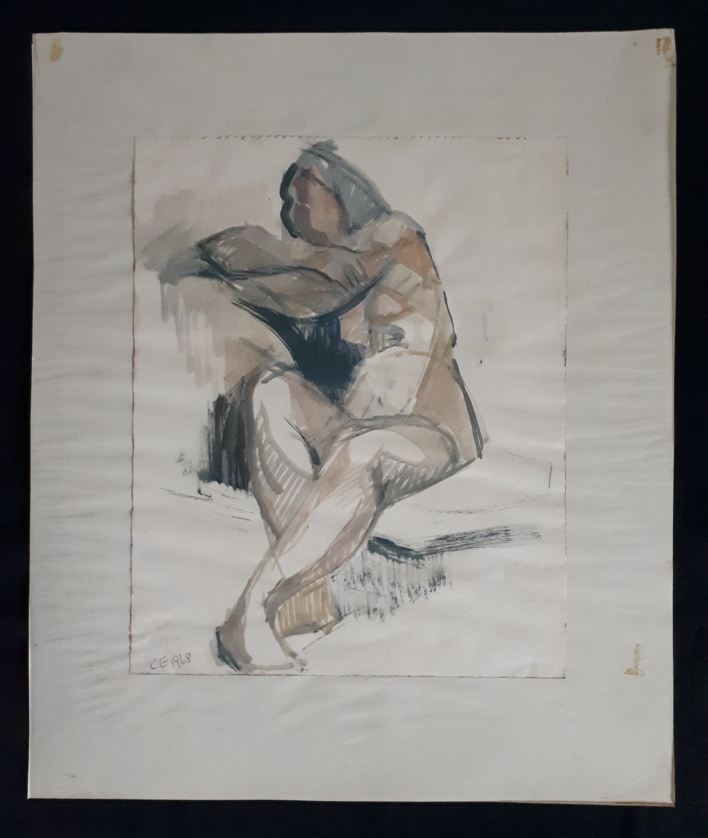 Watercolor Nude Female Naked Woman Seated  1968 (signed)