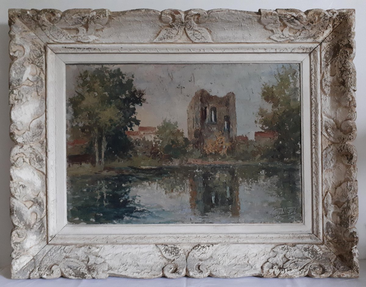 GUILBERT huile sur panneau paysage lacustre début XXème cadre Montparnasse 10P