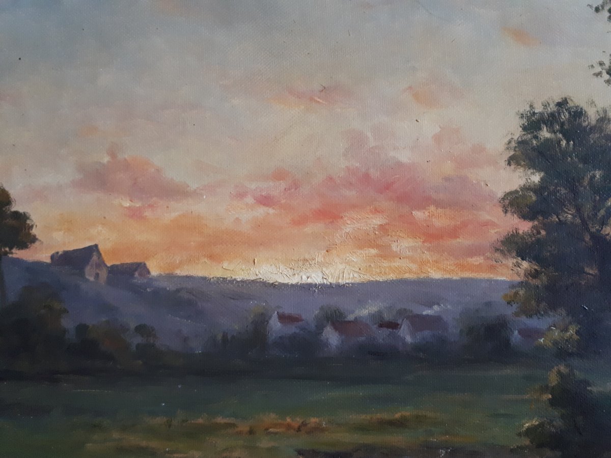 Charles Raby Oil Landscape At Twilight 19th Frame Barbizon Wood Gilded Stucco 8p Format-photo-1