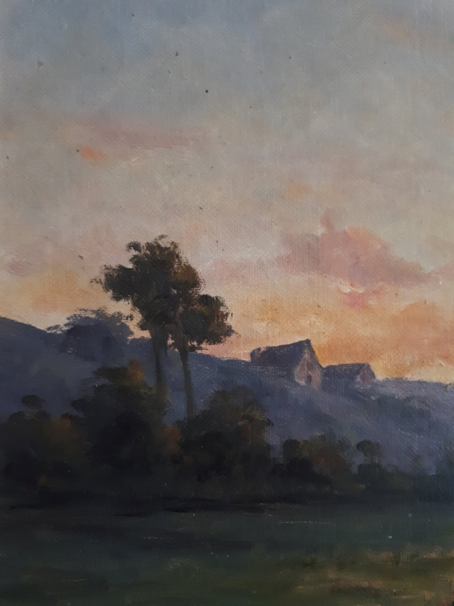 Charles Raby Oil Landscape At Twilight 19th Frame Barbizon Wood Gilded Stucco 8p Format-photo-2