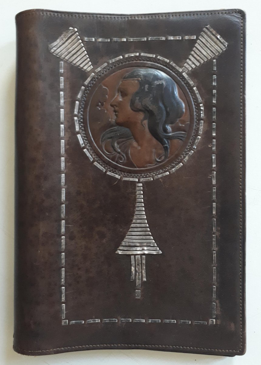 Leather Book Cover, 1900 Art Nouveau Woman Decor