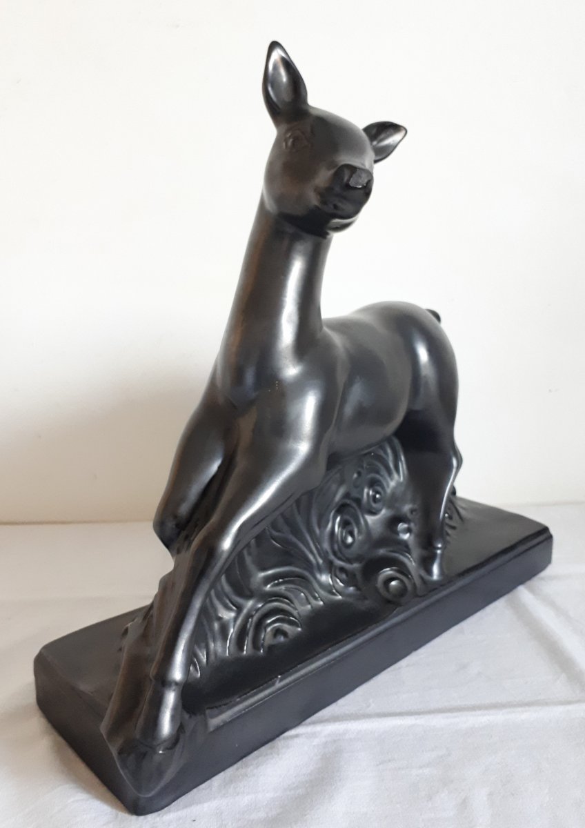 Jean-marie Radureau Vallauris Black Ceramic Doe Sculpture 1930 Art Deco-photo-2