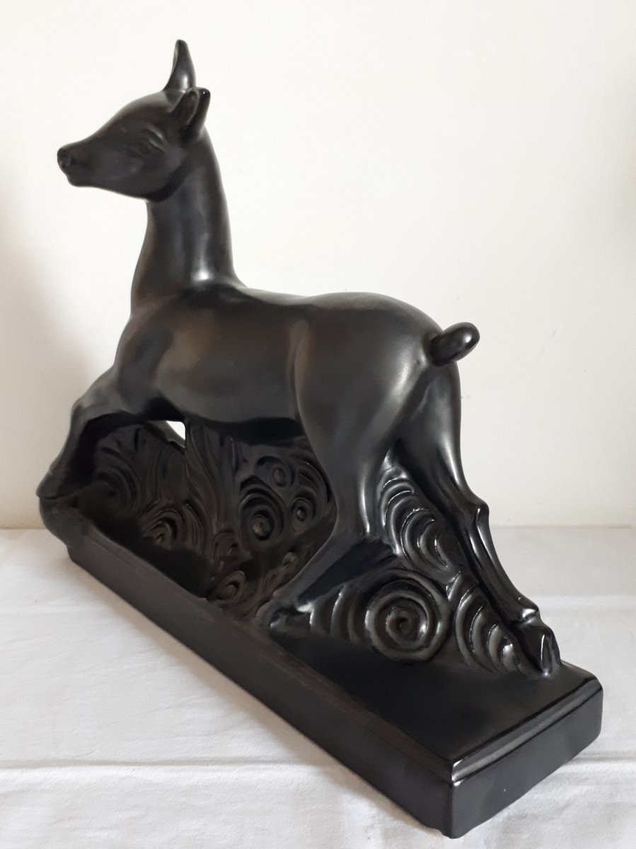 Jean-marie Radureau Vallauris Black Ceramic Doe Sculpture 1930 Art Deco-photo-1