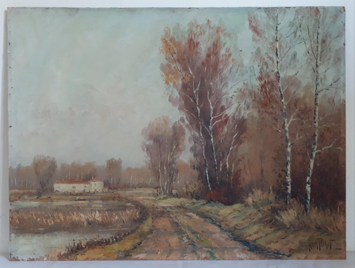 Noël Pichot (1900-1972) Oil On Panel Landscape In The Dombes School Of Lyon
