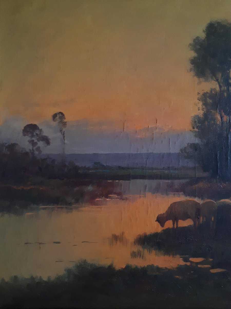 Brigitte Langevin Oil On Canvas Pastoral Scene At Dusk Sheep Late 19th-photo-2