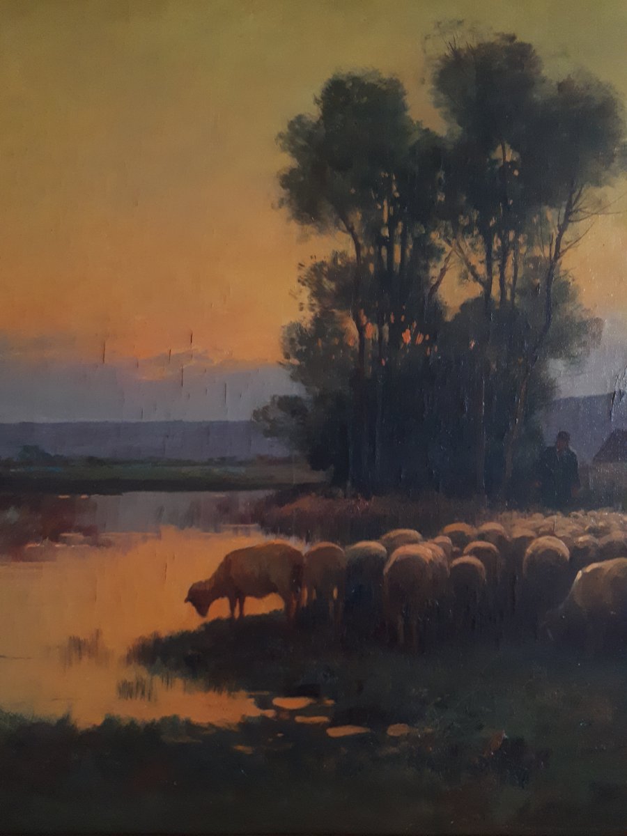 Brigitte Langevin Oil On Canvas Pastoral Scene At Dusk Sheep Late 19th-photo-3