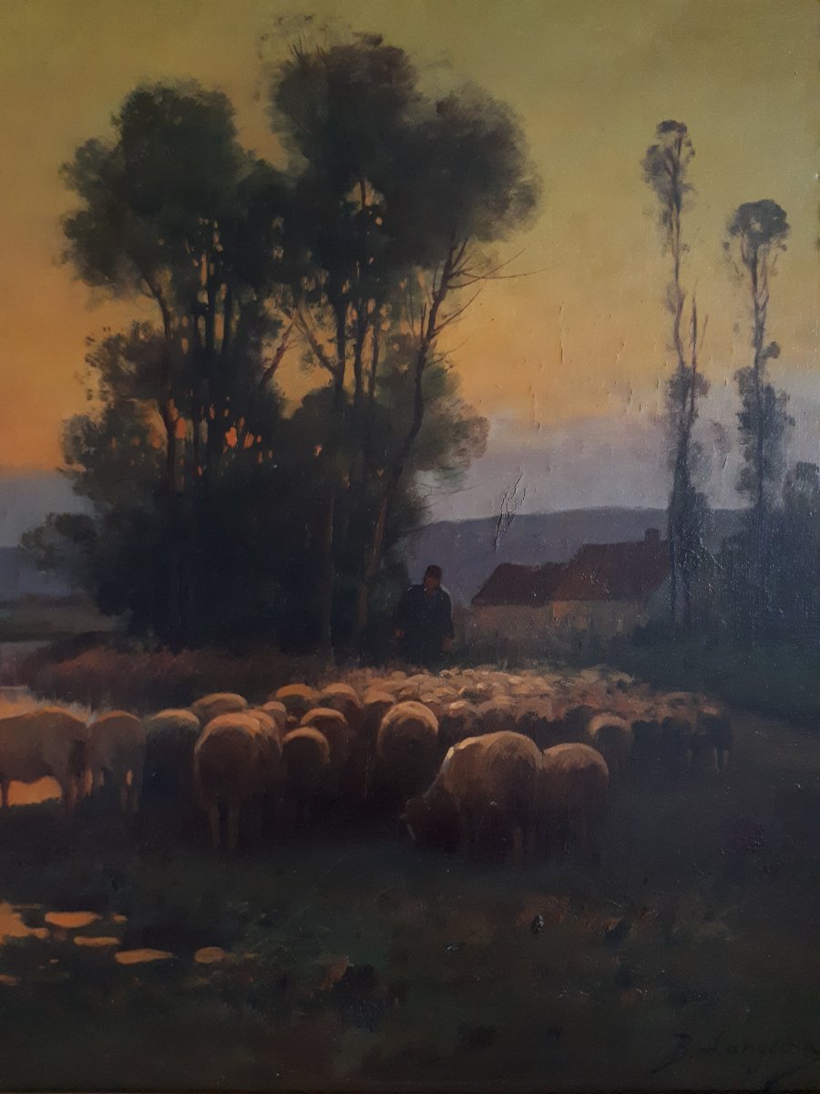 Brigitte LANGEVIN huile sur toile scène pastorale au crépuscule moutons fin 19ème-photo-4