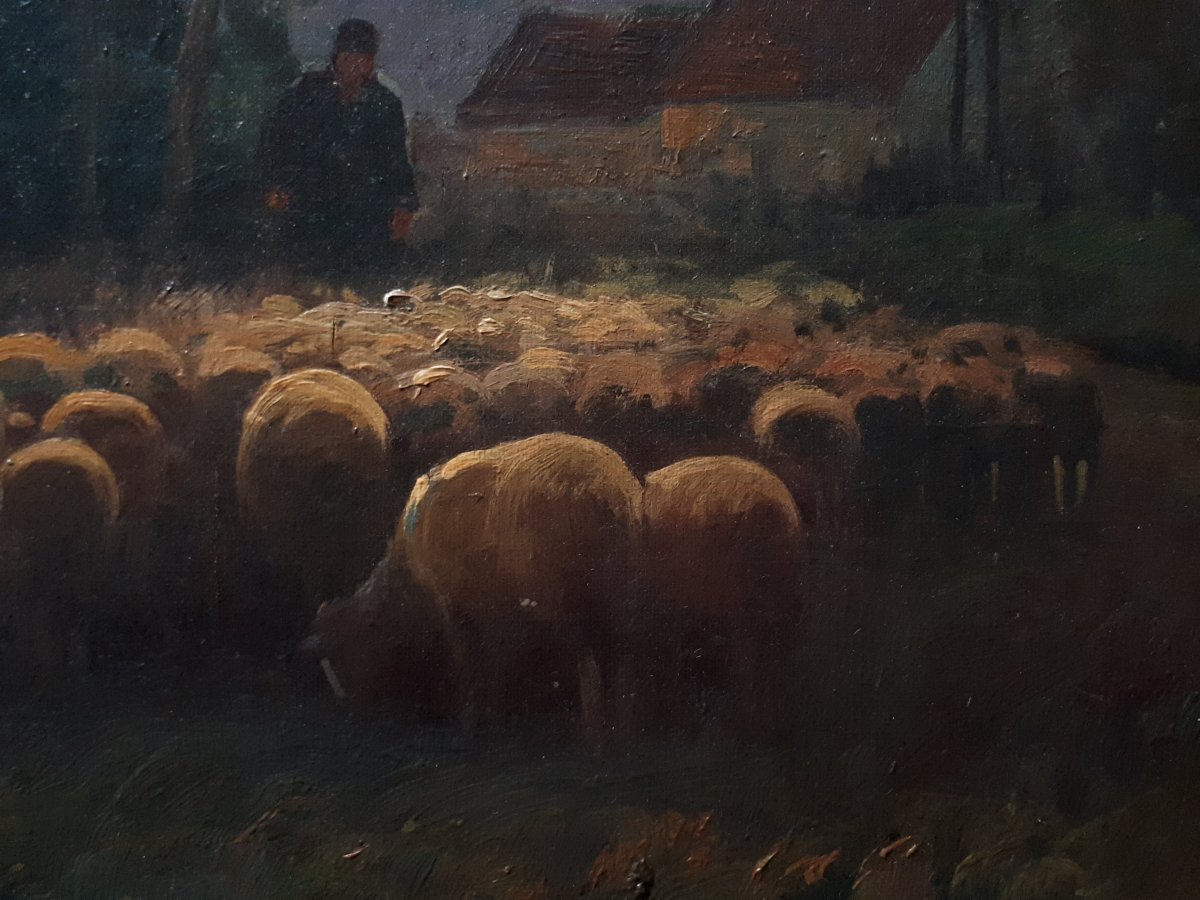 Brigitte Langevin Oil On Canvas Pastoral Scene At Dusk Sheep Late 19th-photo-6