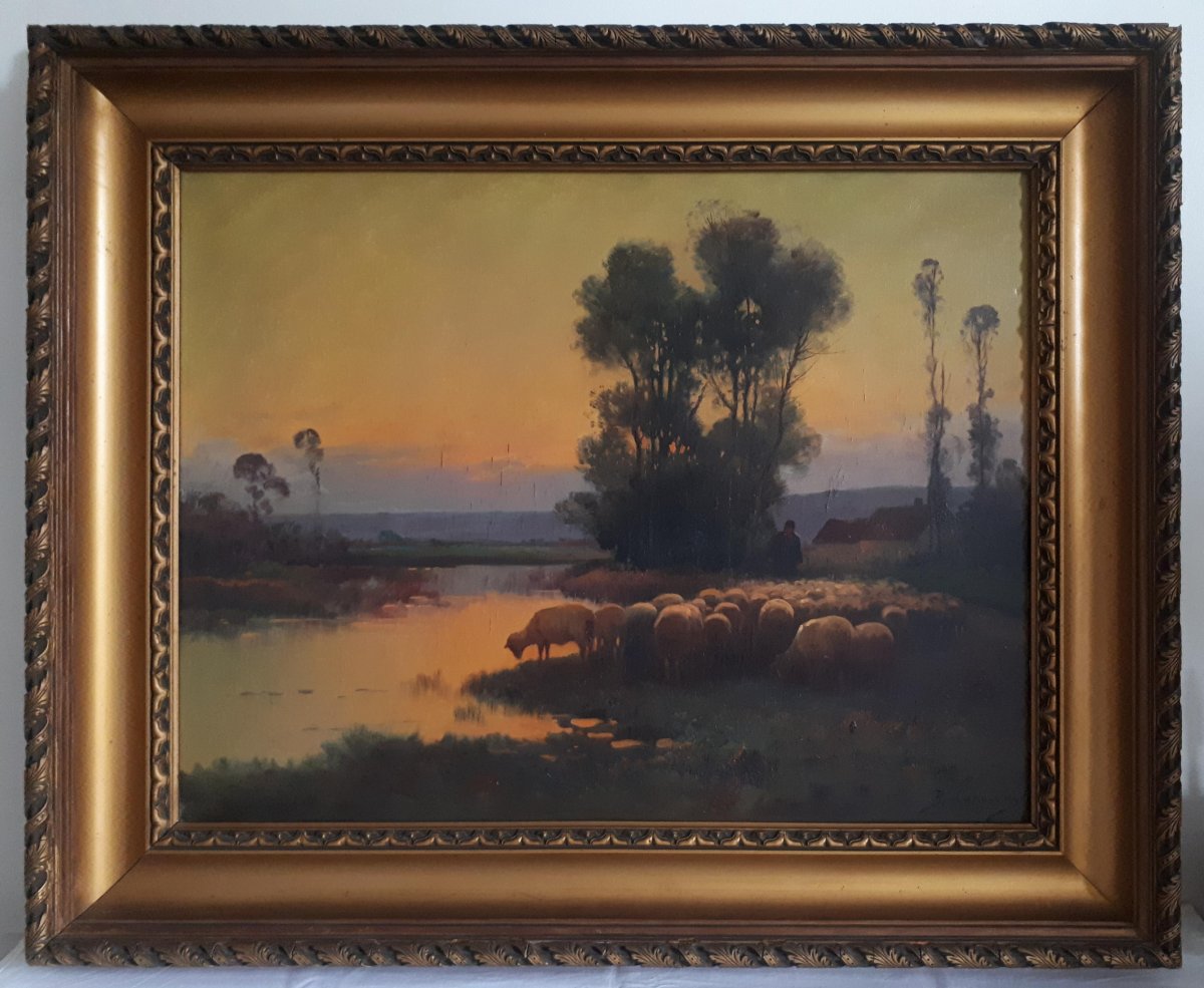 Brigitte Langevin Oil On Canvas Pastoral Scene At Dusk Sheep Late 19th