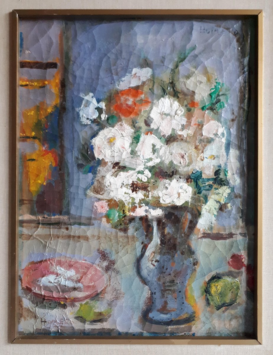 Homero PANAGIOTOPULOS (1919-2005) huile sur toile nature morte bouquet de fleurs-photo-2