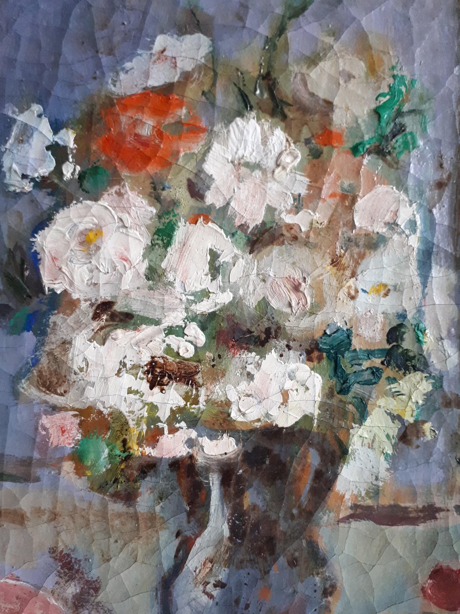 Homero PANAGIOTOPULOS (1919-2005) huile sur toile nature morte bouquet de fleurs-photo-2