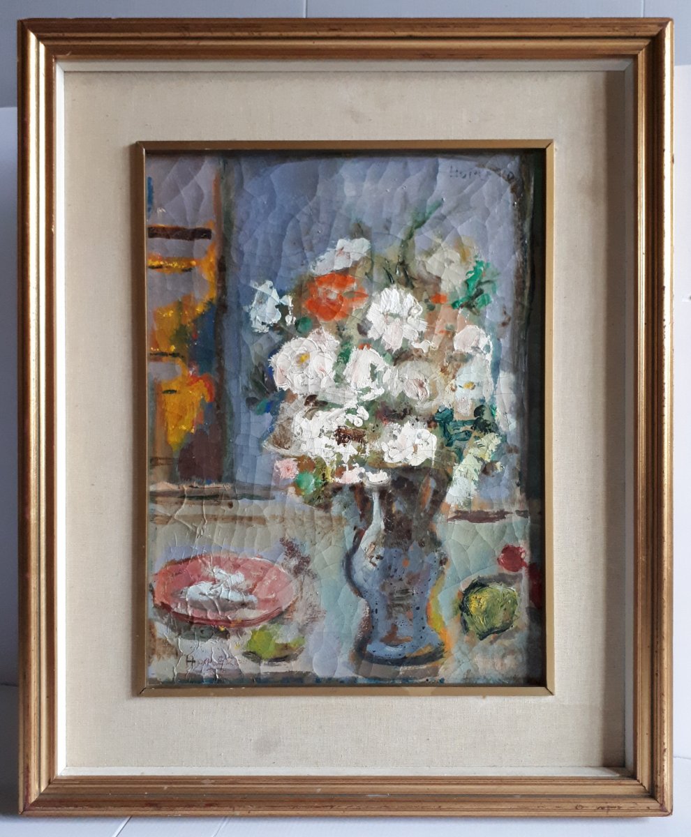 Homero PANAGIOTOPULOS (1919-2005) huile sur toile nature morte bouquet de fleurs