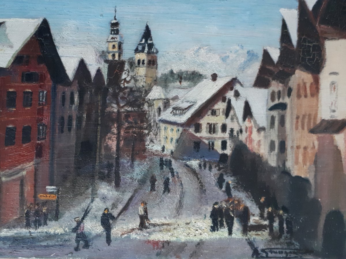 Tableau huile sur bois rue animée paysage hivernal montagne début 20ème (signé)-photo-2