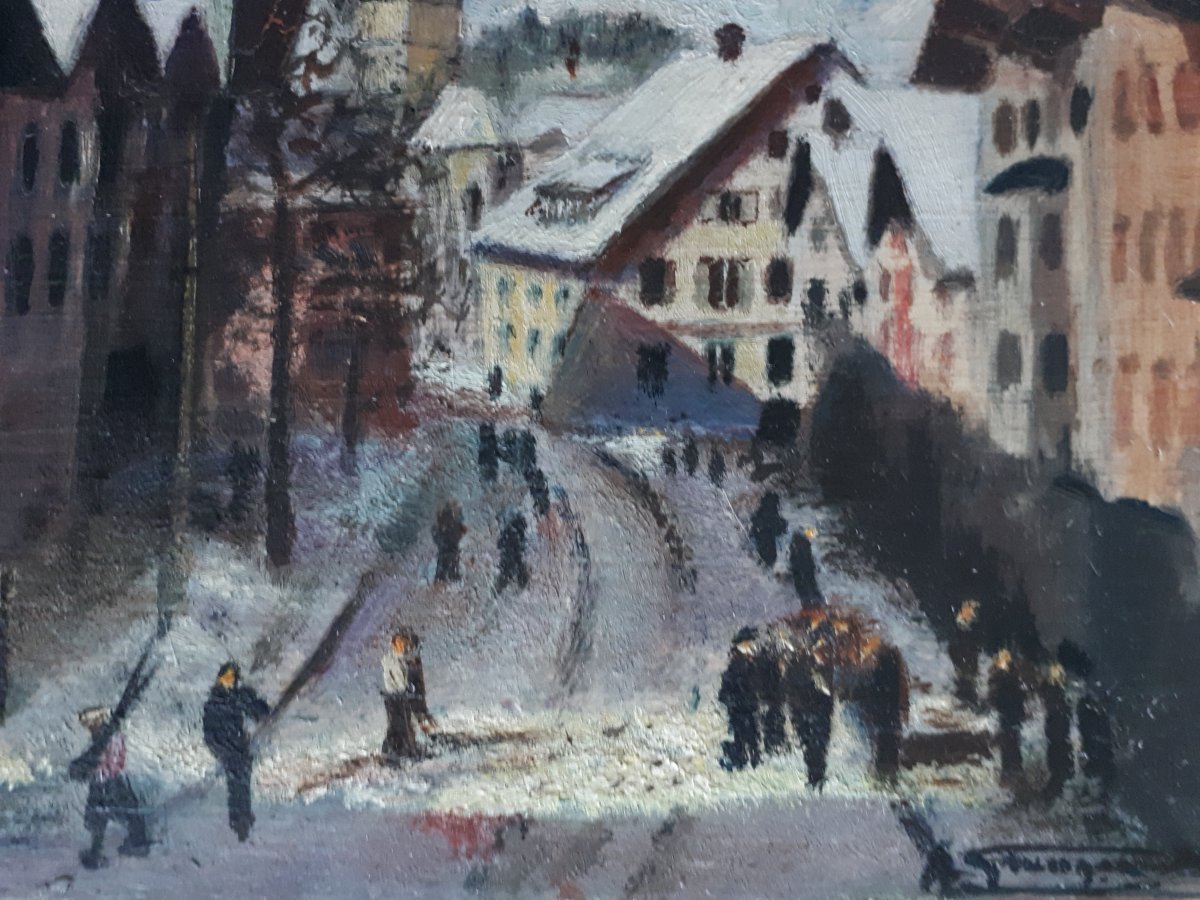 Tableau huile sur bois rue animée paysage hivernal montagne début 20ème (signé)-photo-3