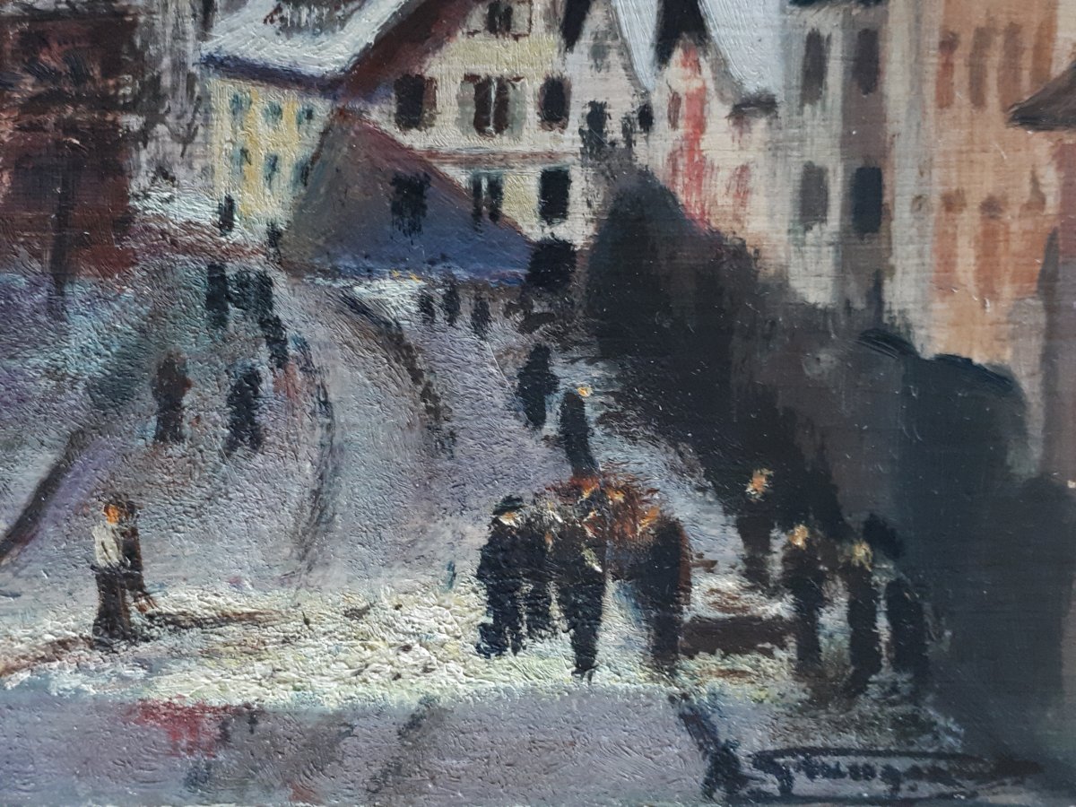 Tableau huile sur bois rue animée paysage hivernal montagne début 20ème (signé)-photo-4