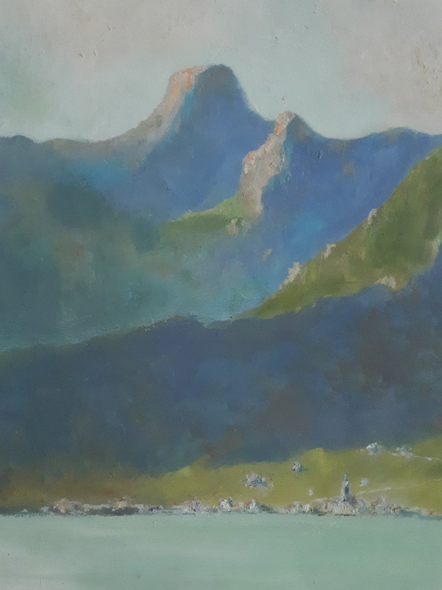 Henri Montagneux Oil On Canvas Landscape Lake Mountains Mid 20th-photo-2