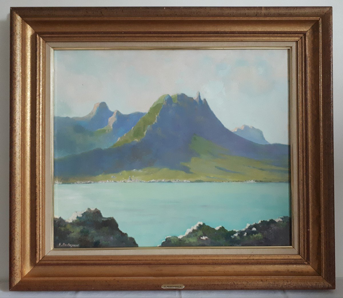 Henri Montagneux Oil On Canvas Landscape Lake Mountains Mid 20th
