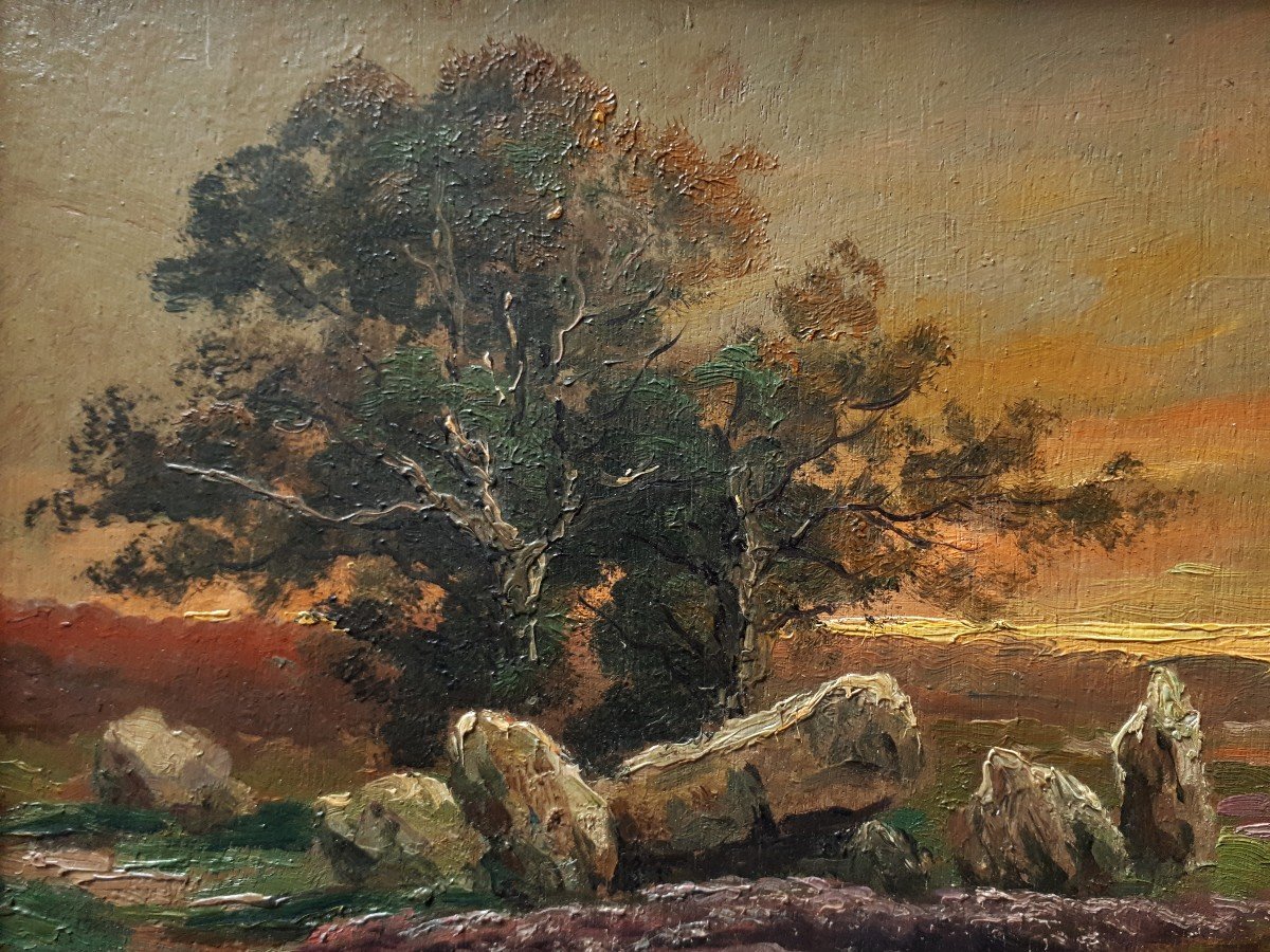 Jean FABRY huile sur bois paysage au crépuscule début XXème-photo-3