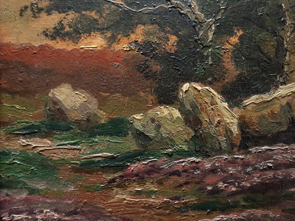 Jean FABRY huile sur bois paysage au crépuscule début XXème-photo-2