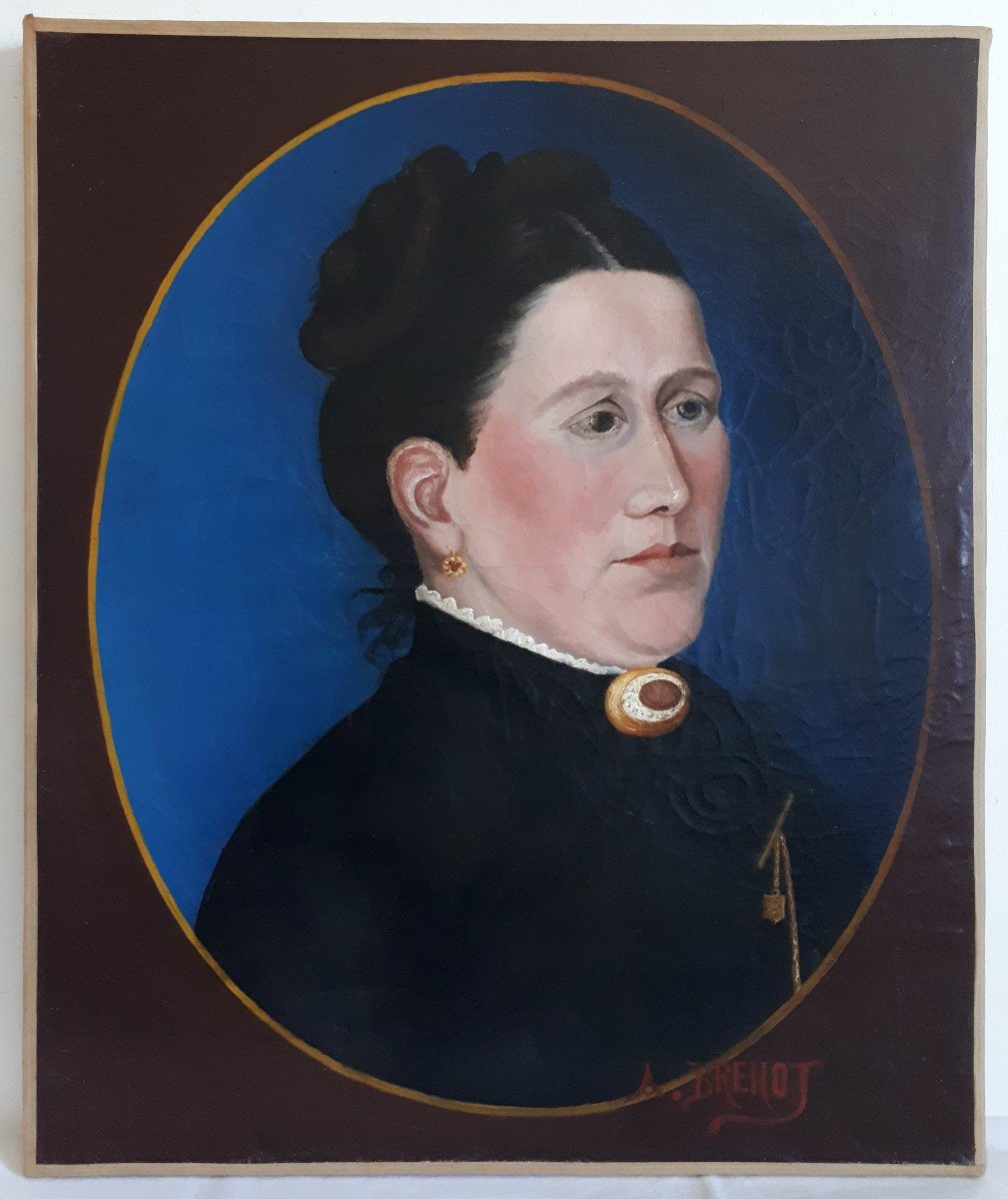 Tableau huile sur toile portrait de femme A. BRENOT 19ème peinture naïve