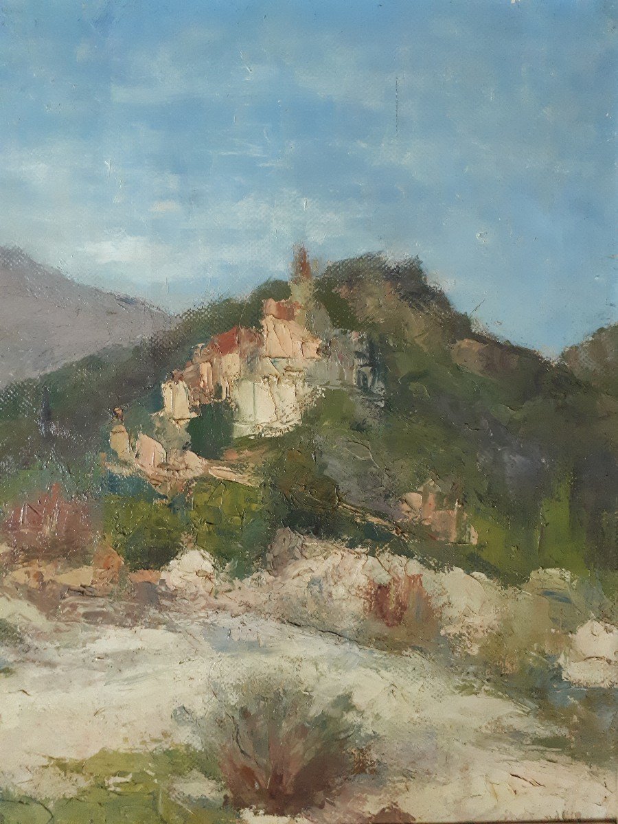 Auguste APELLE vue de Contes et du Paillon Alpes-Maritimes huile sur toile -photo-3